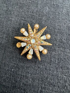 Gold Starburst Brooch with Opalescent Accents and Pearls